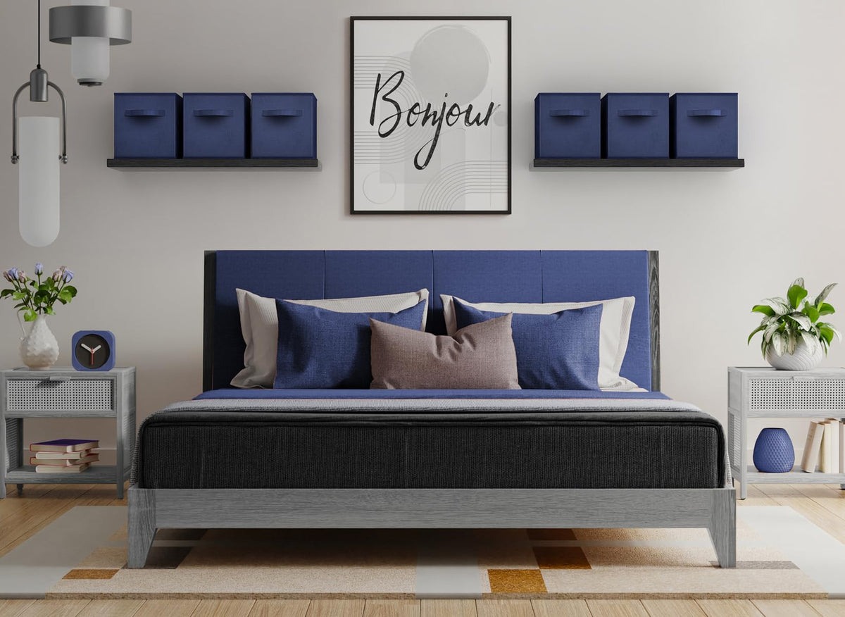 Sorbus navy blue fabric cubes stacked neatly for closet storage.