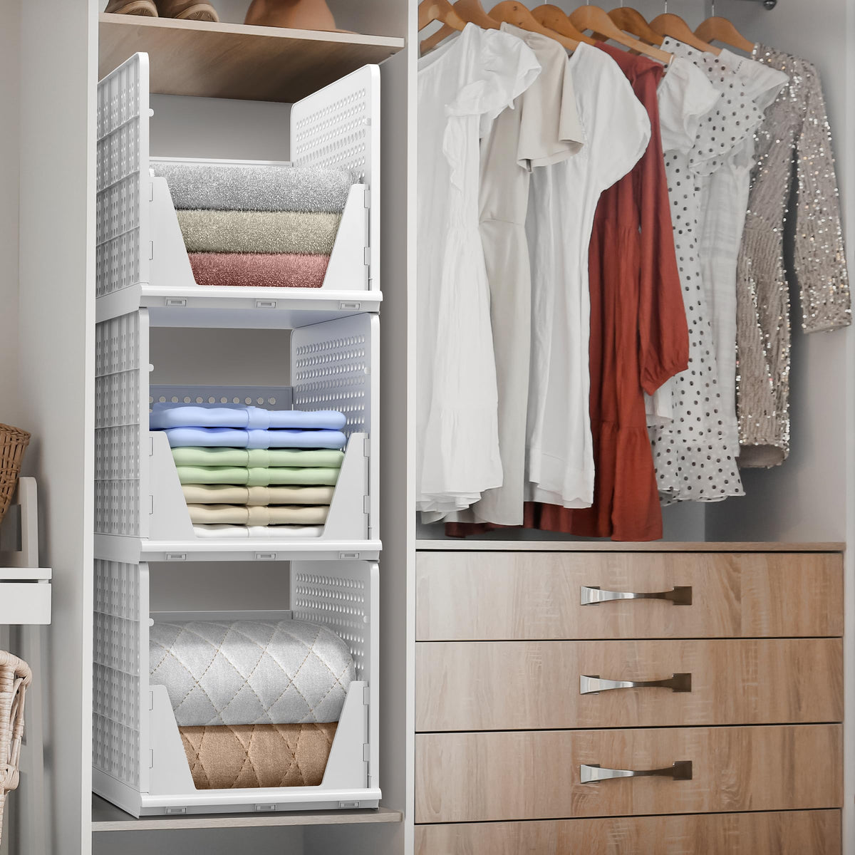 Sorbus pantry storage baskets on a shelf, organized dry goods and kitchen essentials.
