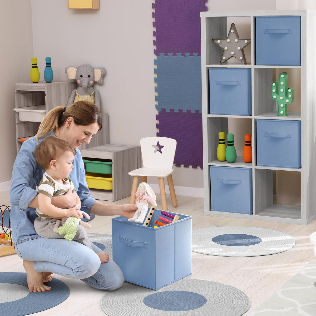 Sorbus pastel blue storage cubes stack neatly for organized toy and book storage