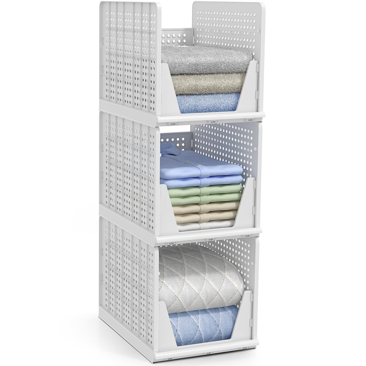 Sorbus stackable shelf organizer baskets in a closet for easy-access storage and space saving.