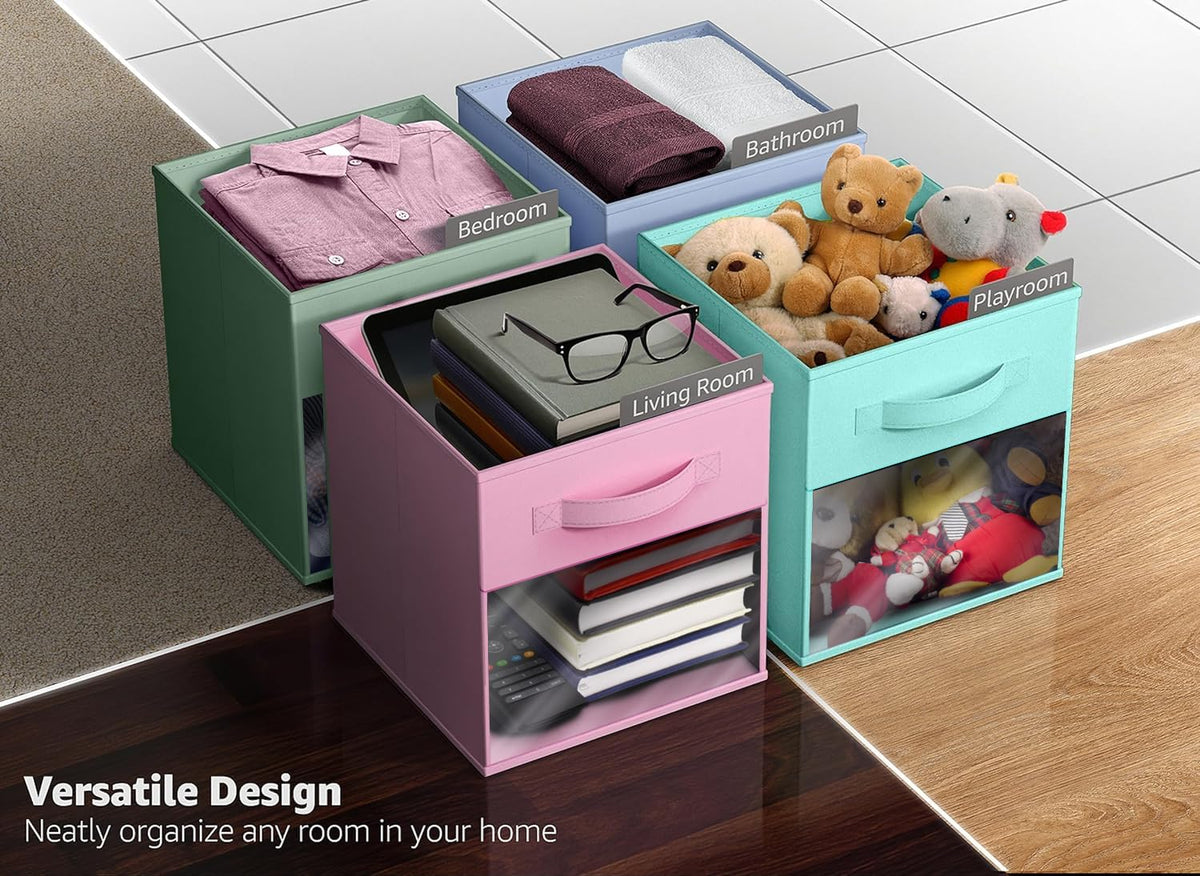 Sorbus fabric storage bin on shelf lets you see contents instantly.