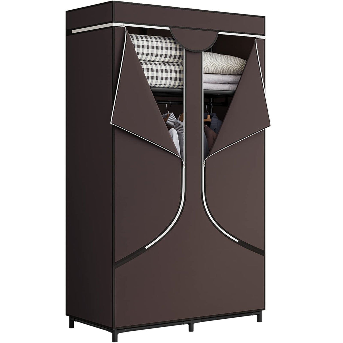 SORCEDAS portable wardrobe in coffee finish, front view showing dual hanging rods and shelves