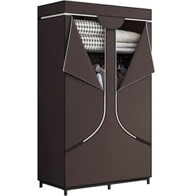 SORCEDAS portable wardrobe in coffee finish, front view showing dual hanging rods and shelves