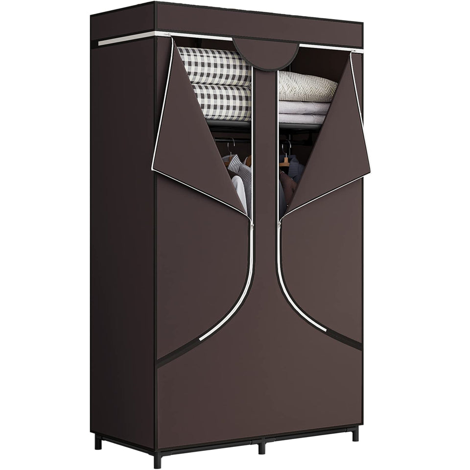 SORCEDAS portable wardrobe in coffee finish, front view showing dual hanging rods and shelves