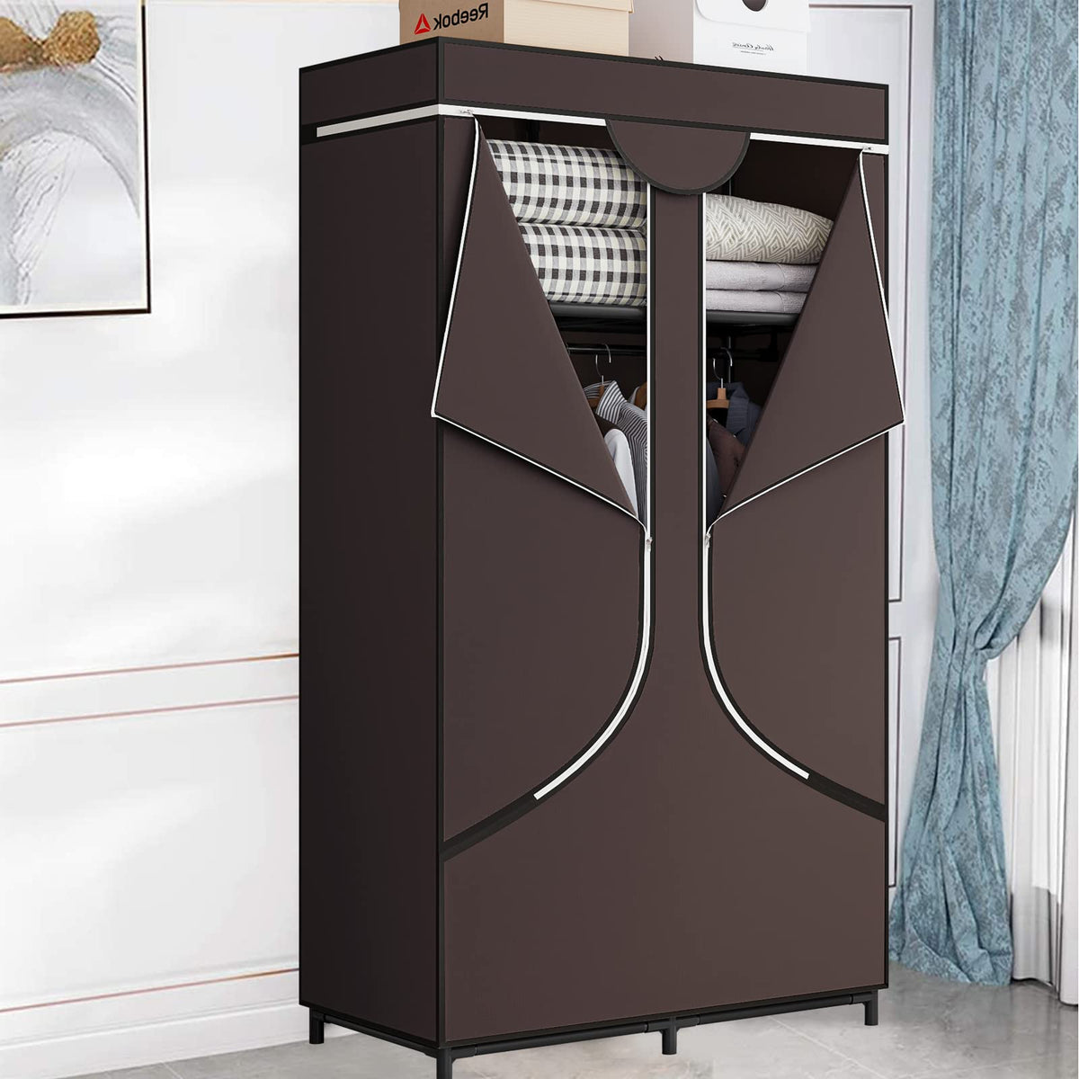 SORCEDAS wardrobe coffee finish, two hanging rods for coats and dresses