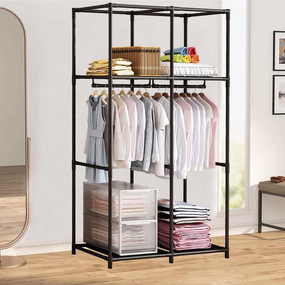 SORCEDAS wardrobe coffee finish, four shelves for folded clothing and accessories
