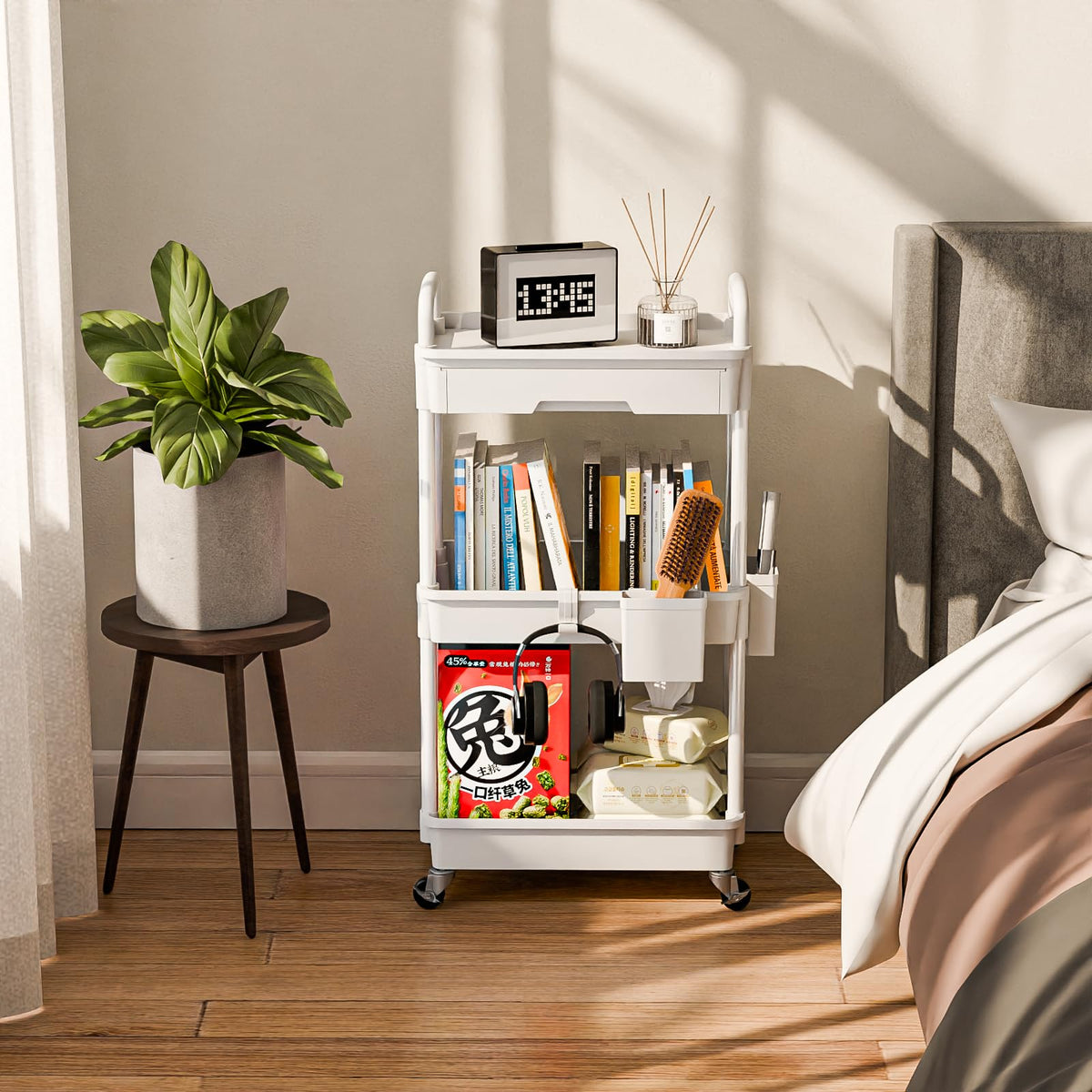 Sorgion rolling cart drawer and three baskets for organized storage.