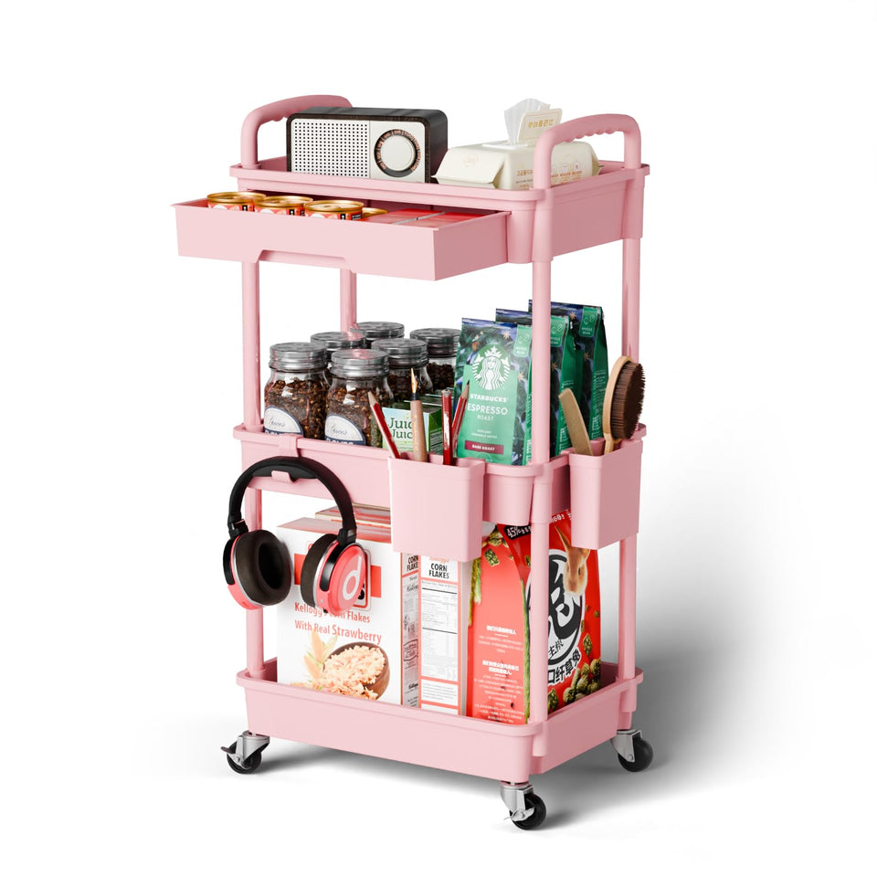 Sorgion 3-tier rolling cart top tray keeps daily essentials within reach.