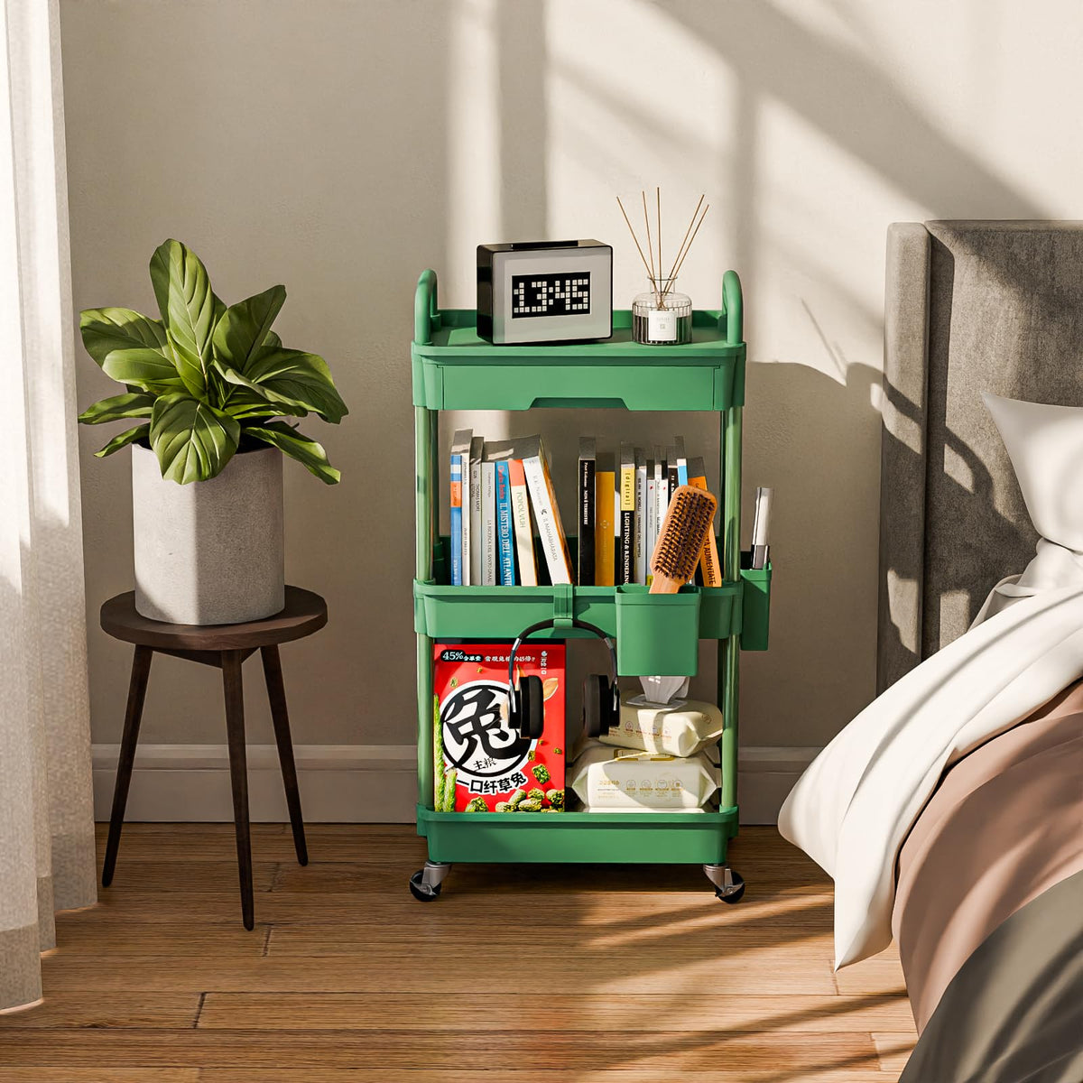 Sorgion rolling cart with drawer and baskets for easy access.