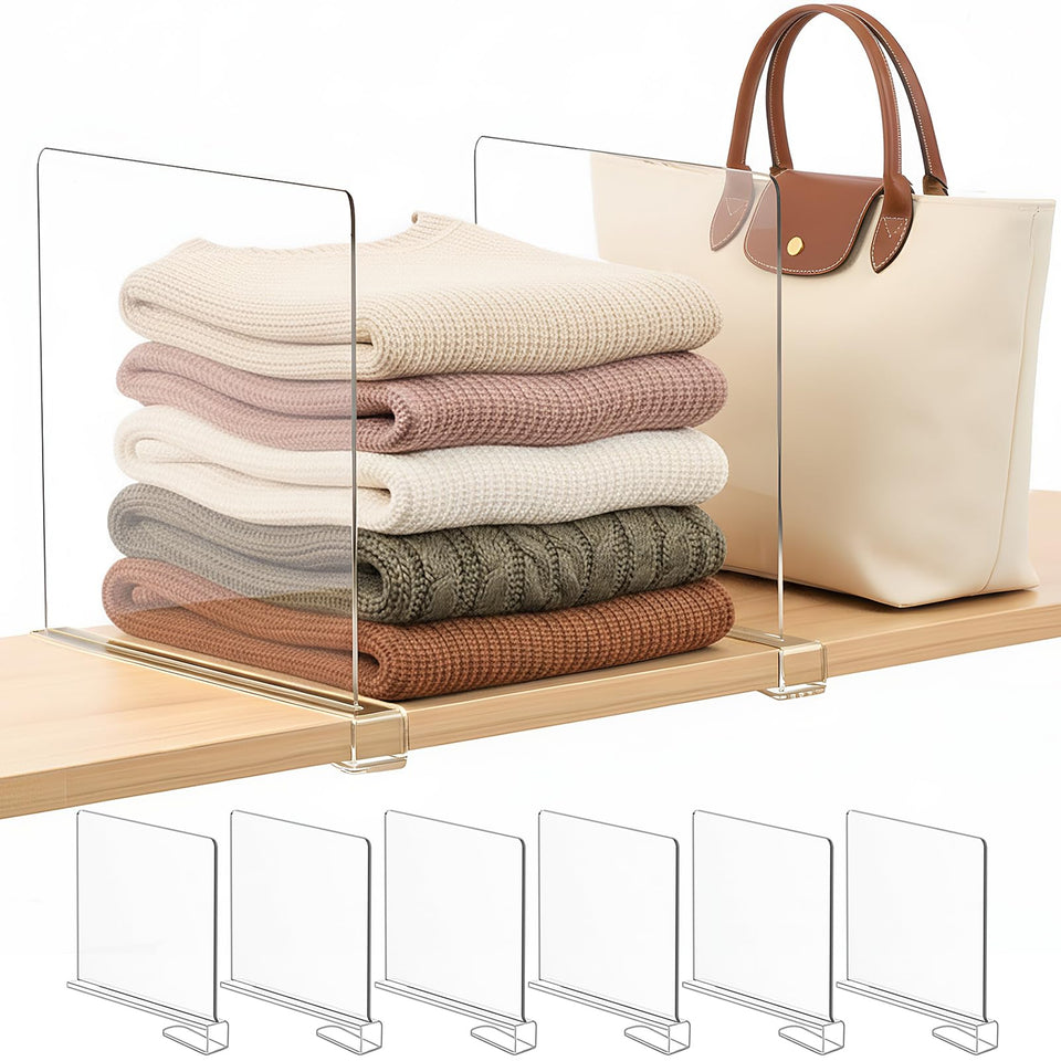 SortNStore 11-inch tall shelf dividers keep outfits neatly stacked on wood shelves.