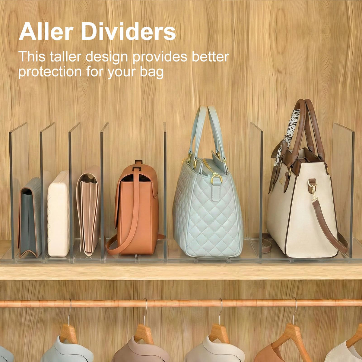 Adjustable dividers separate bags for easy access and organization