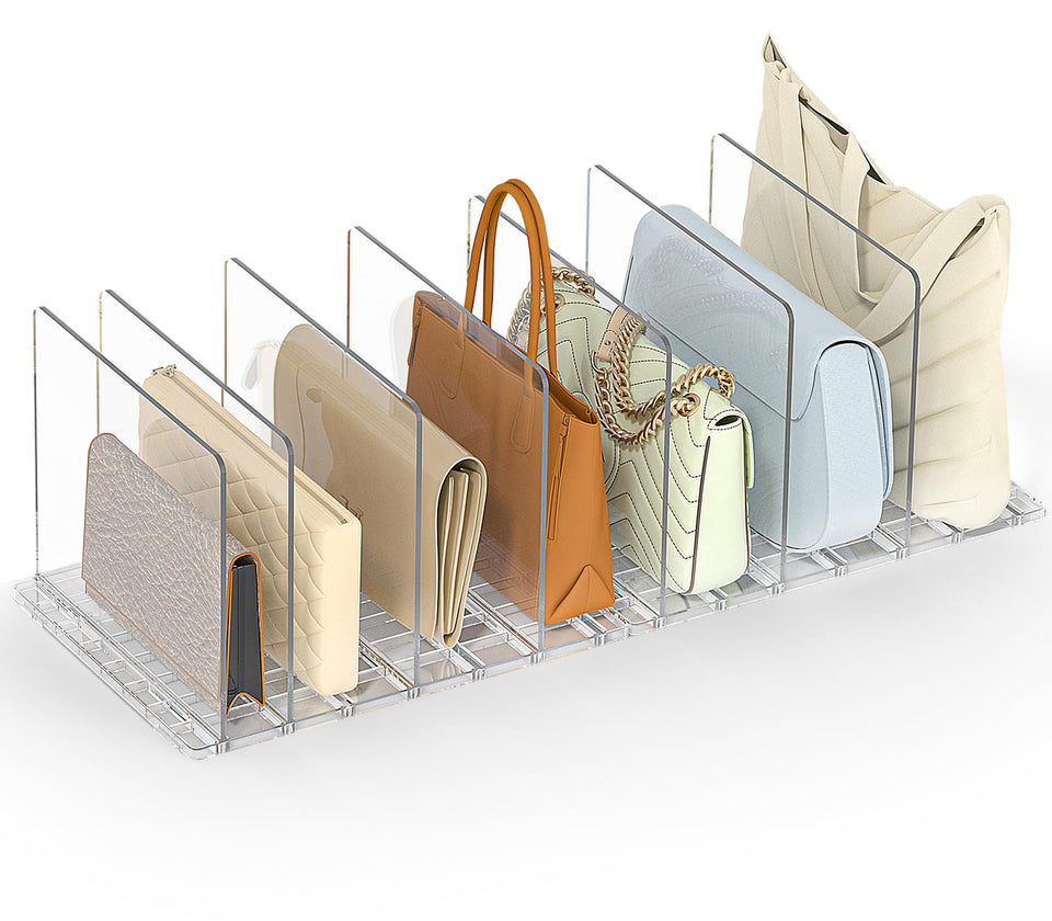 SortNStore bag organizer with clear base keeps handbags upright and accessible.