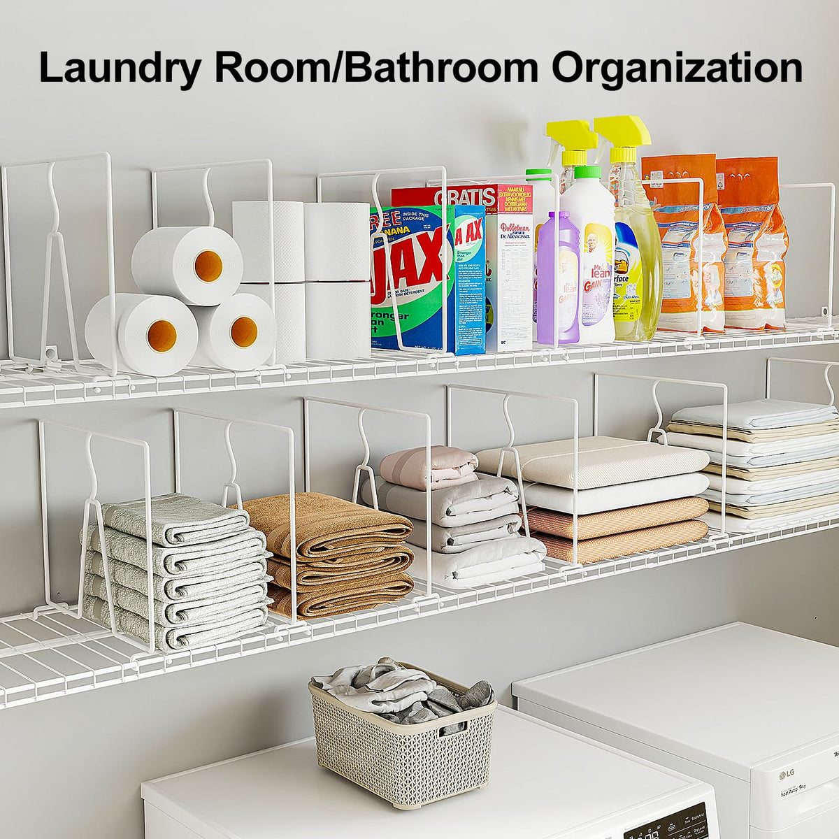 SortNStore heavy-duty pantry divider maximizes vertical space for towels and sweaters.