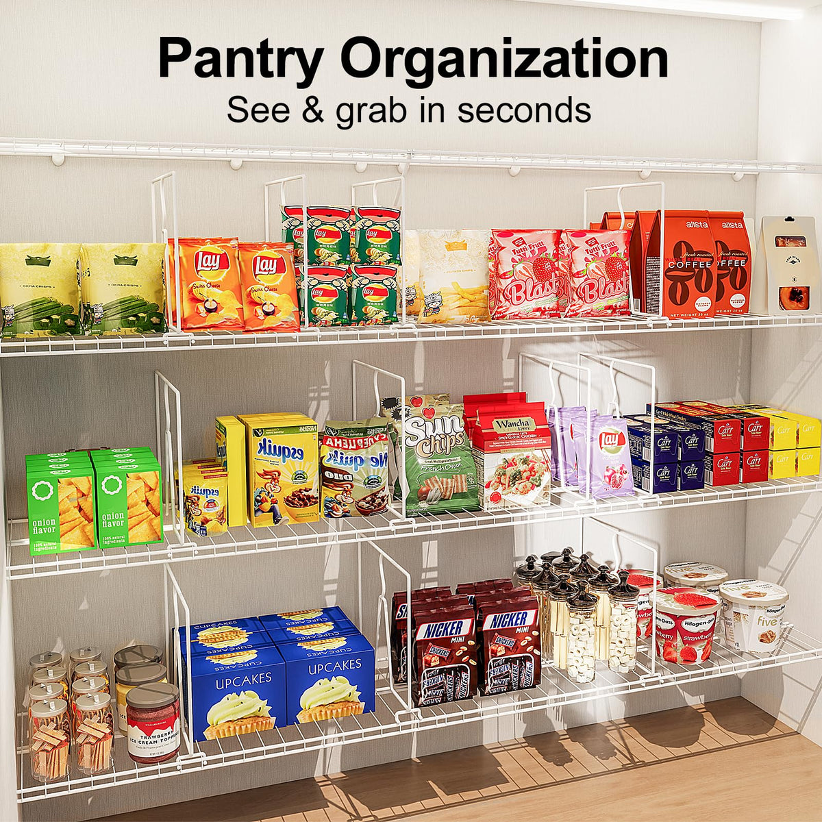 SortNStore adjustable wire shelf divider adapts to layout for better visibility.