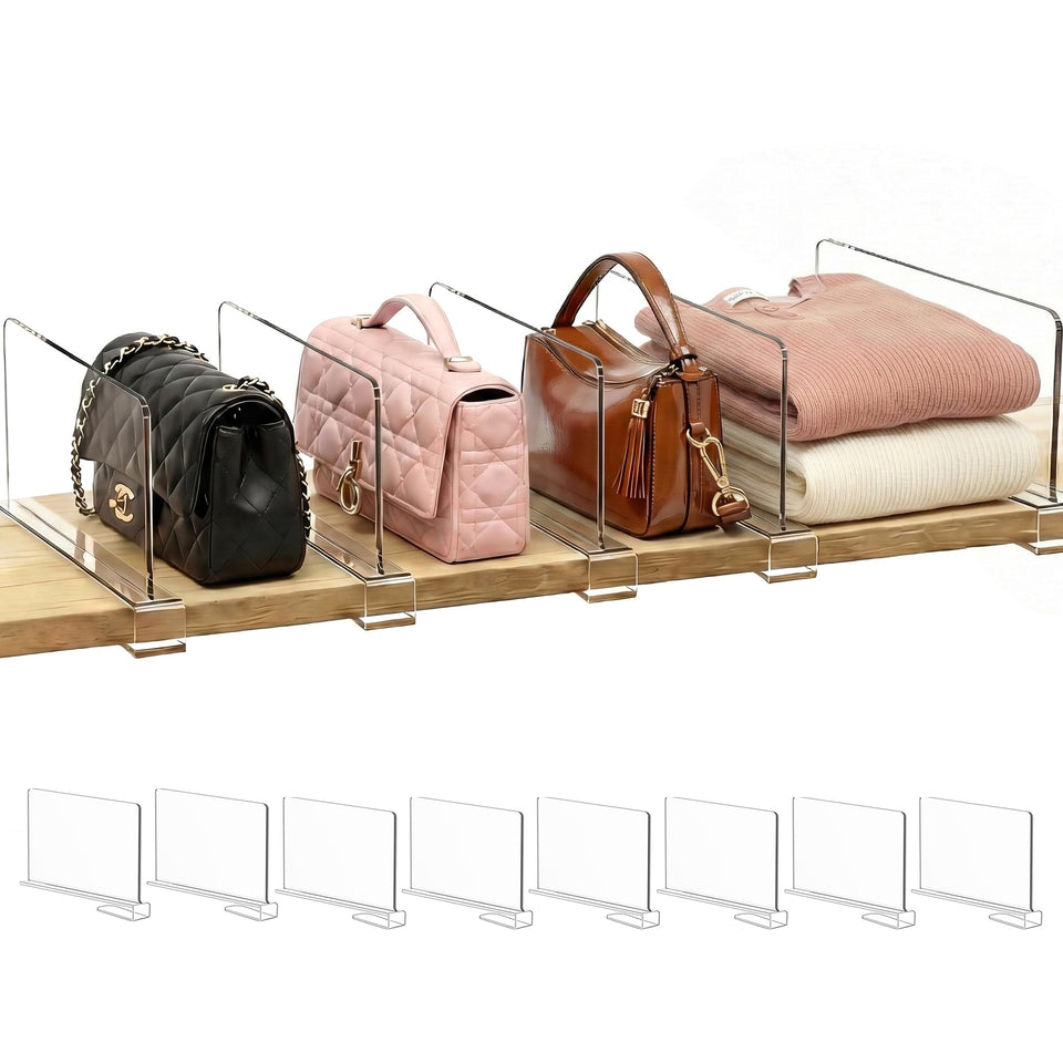 SortNStore shelf dividers keep purses upright on a 6-inch shelf.