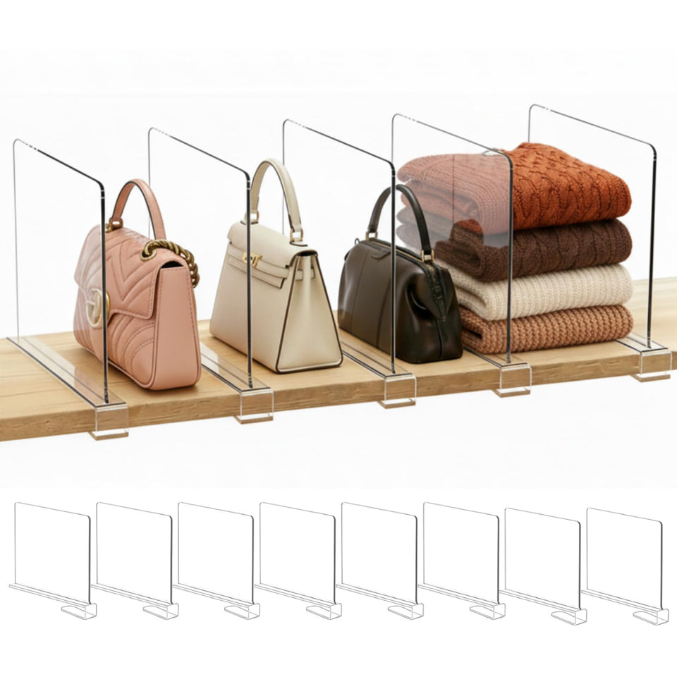 SortNStore 8-pack purse organizer keeps bags neatly divided on a wood shelf.