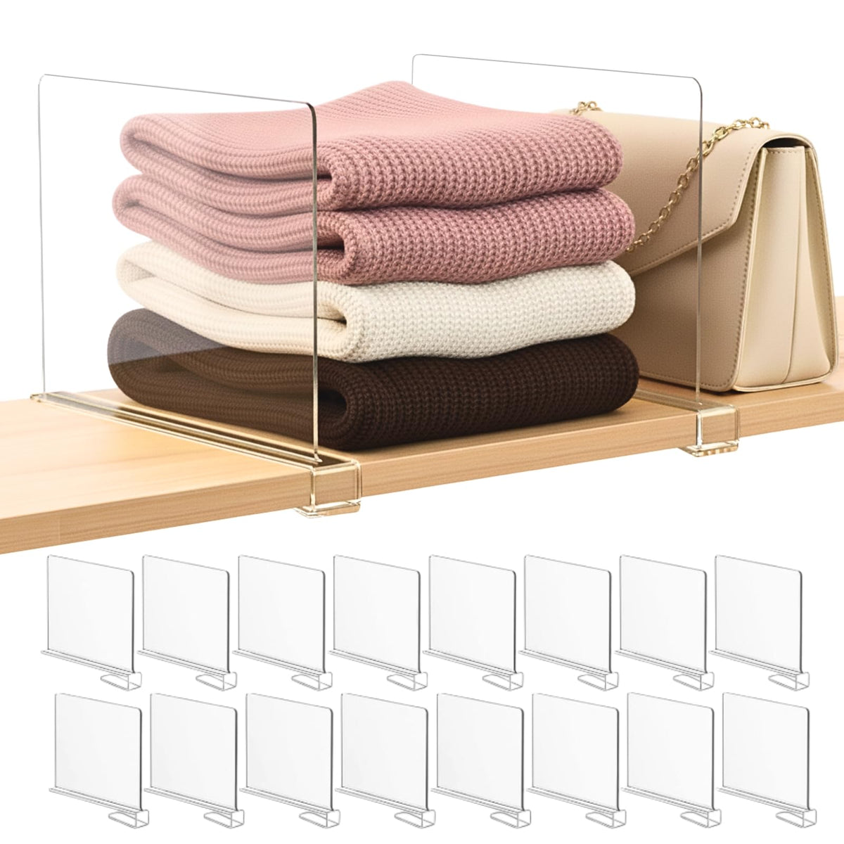 SortNStore shelf dividers in clear acrylic create neat arrangement on wood shelves for easy access