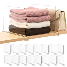 SortNStore shelf dividers in clear acrylic create neat arrangement on wood shelves for easy access