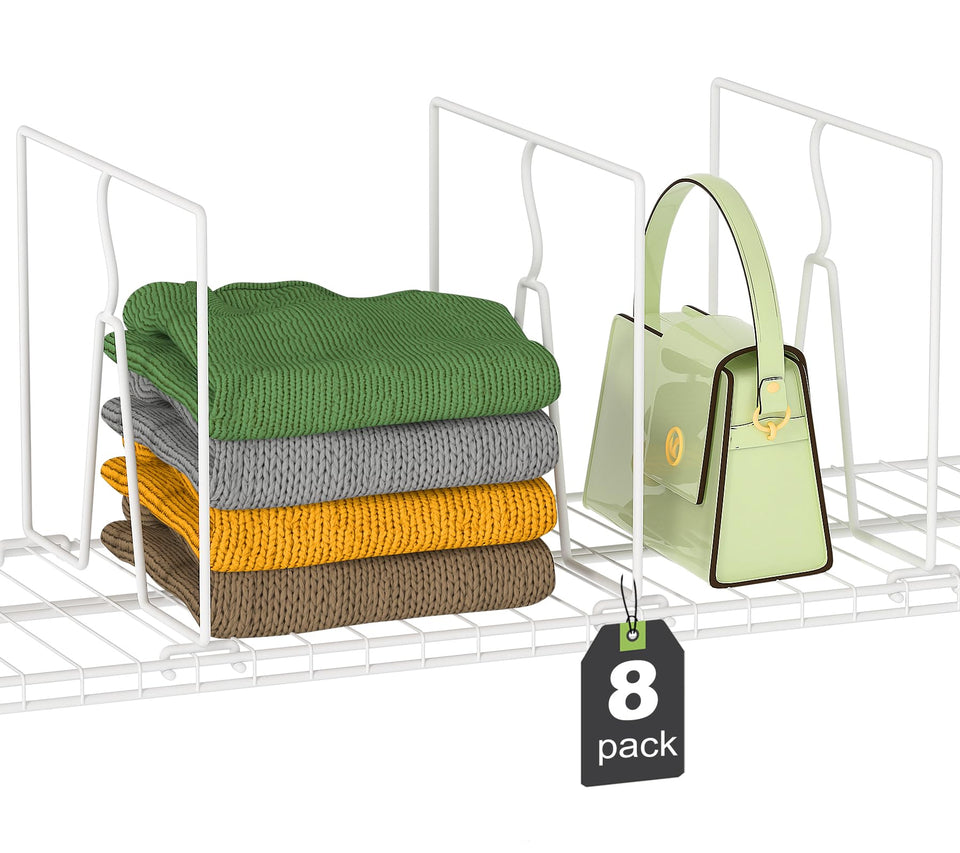 SortNStore wire shelf dividers 8-pack on a closet shelf creating tall purse organization.