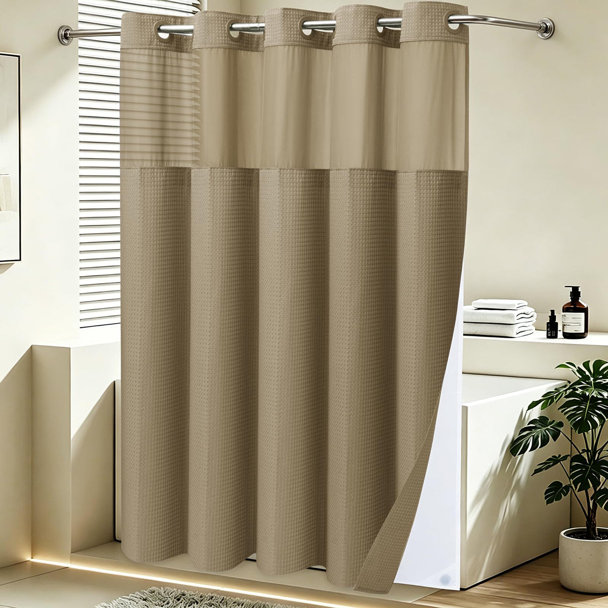 SORTTO beige-tone curtain coordinates with most bathroom decor