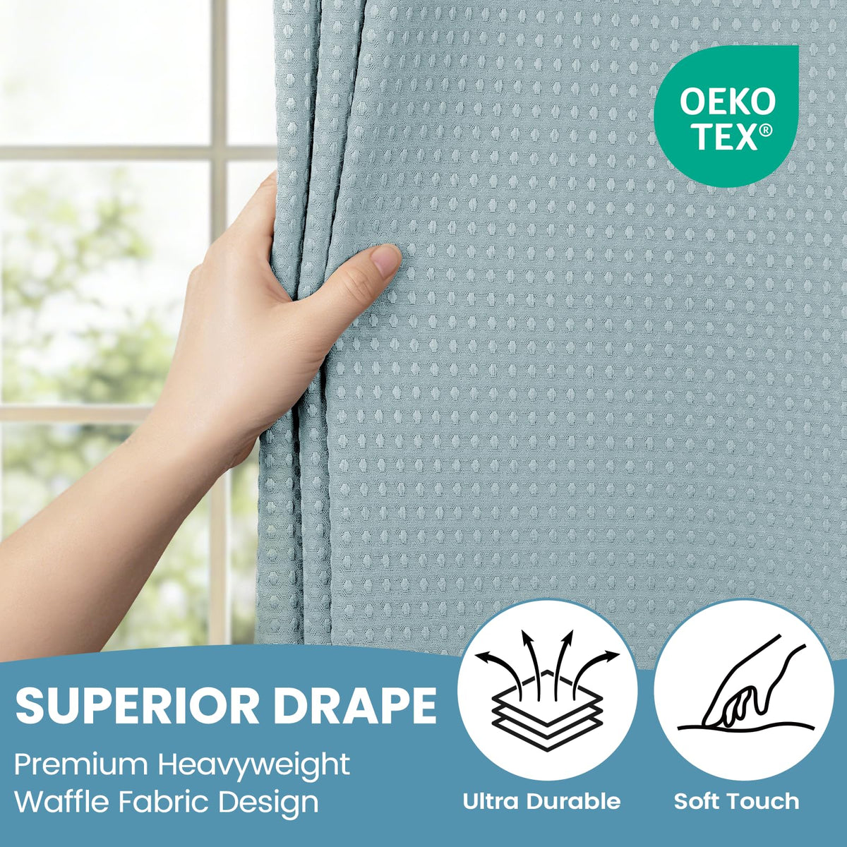 SORTTO waffle texture curtain adds hotel-inspired style.