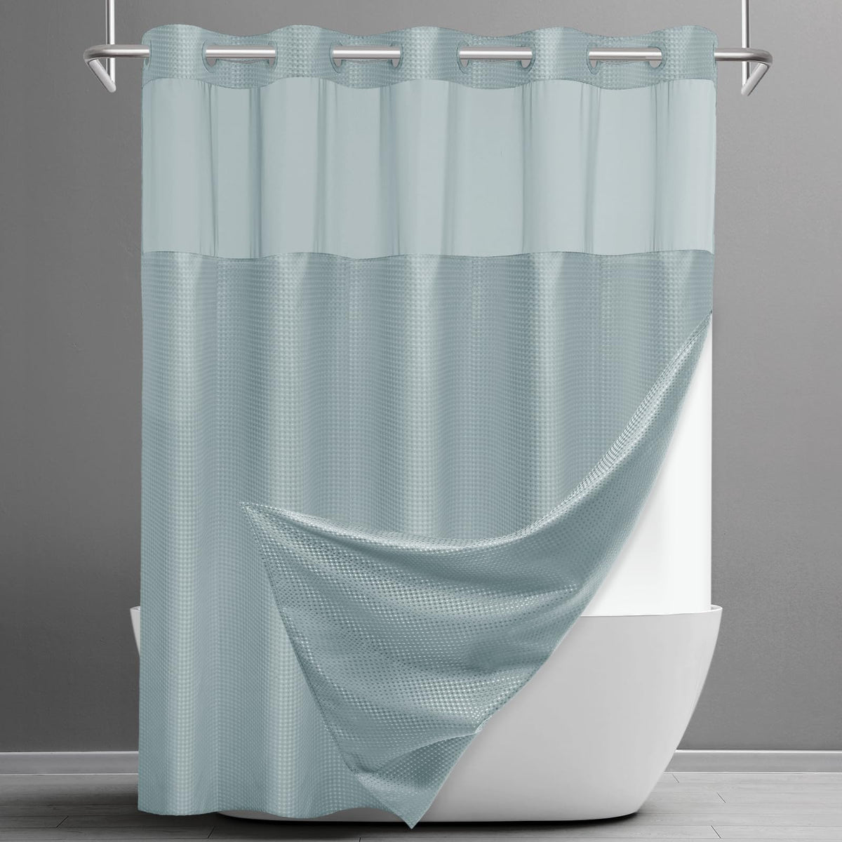 SORTTO No Hook Curtain shows quick install for a tidy bathroom.
