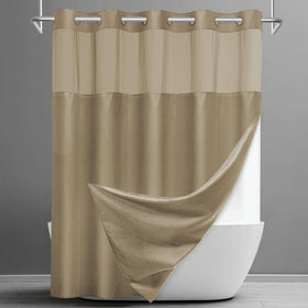 SORTTO No Hook Shower Curtain with Snap-in Liner Set in a beige bathroom shows quick hook-free setup