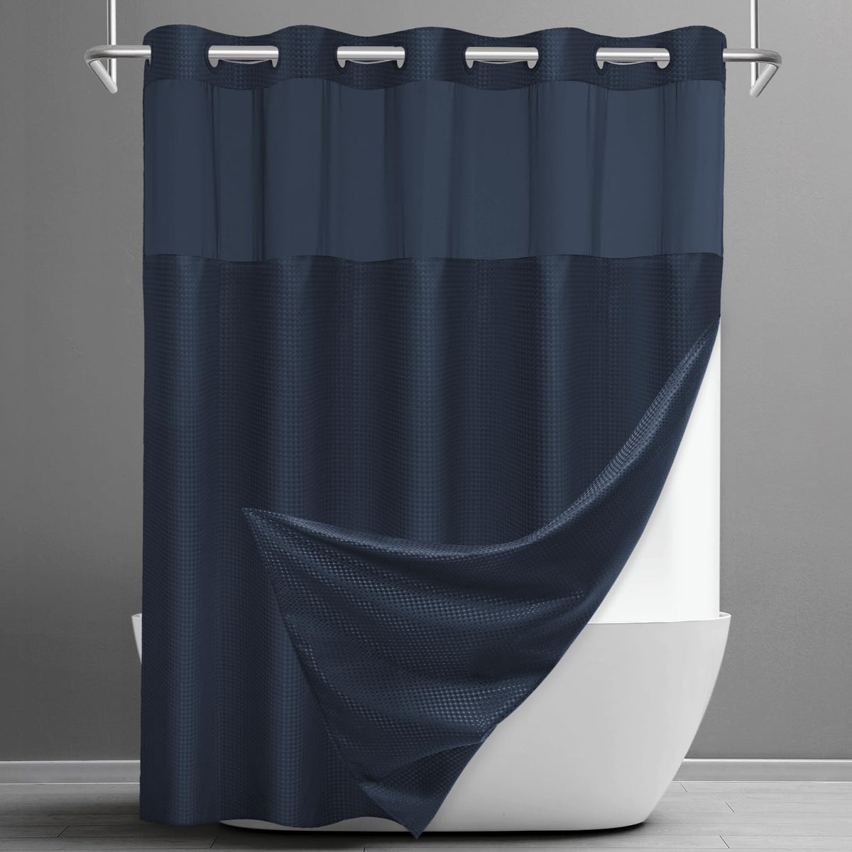 SORTTO no-hook shower curtain with snap-in liner in navy keeps the tub area dry