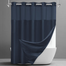 SORTTO no-hook shower curtain with snap-in liner in navy keeps the tub area dry