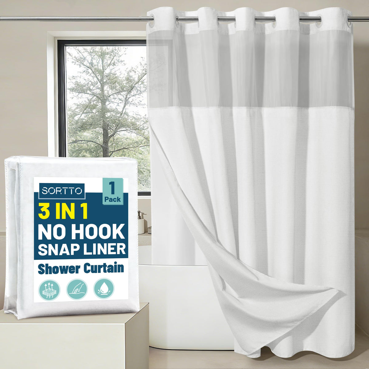 SORTTO no-hook outer curtain with slub texture for hotel-style privacy