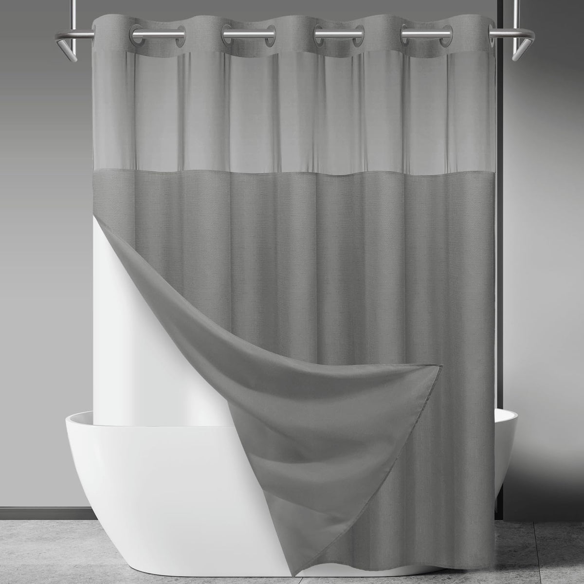 SORTTO No Hook Slub Textured Curtain outer grey fabric for hotel-style bathroom elegance.
