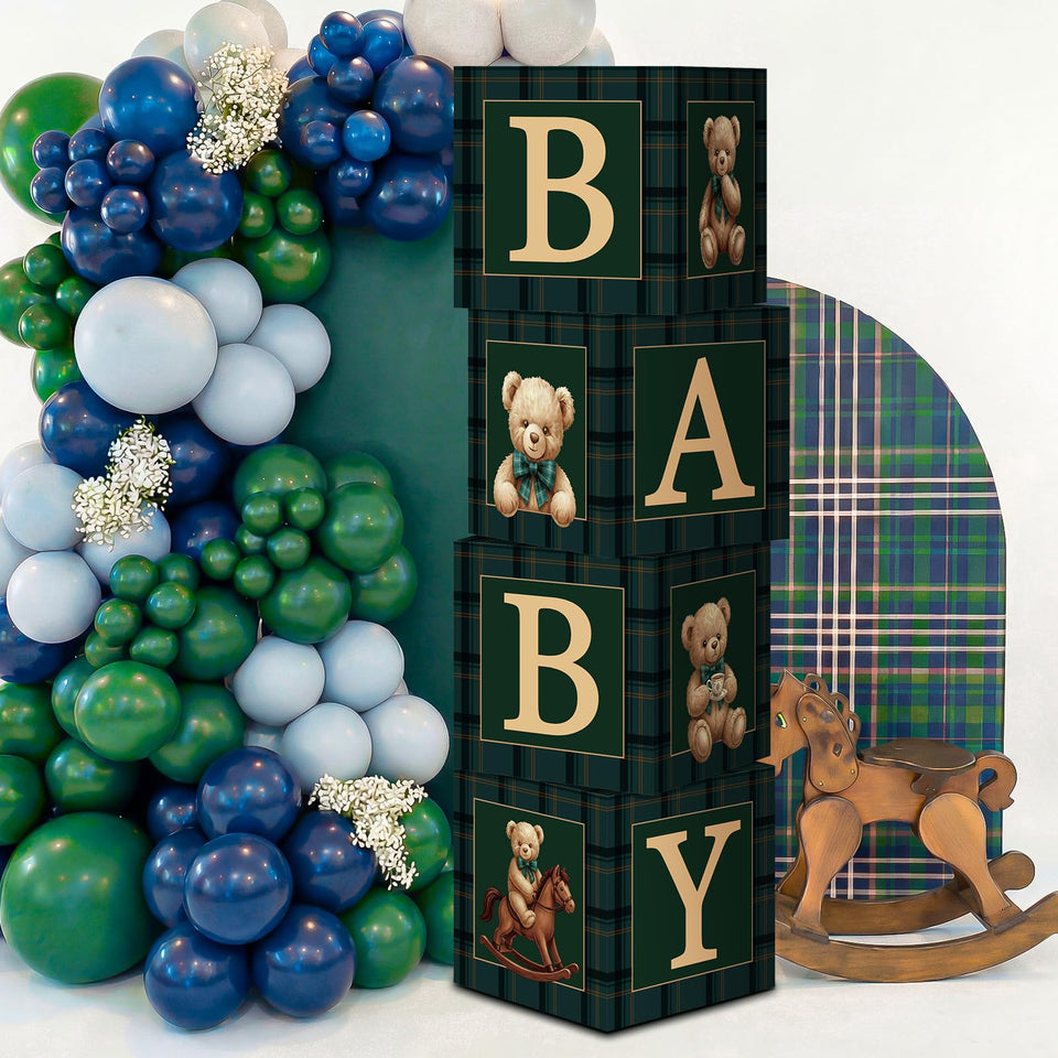 Sosation bear baby shower box in green-blue tartan plaid for elegant decor.