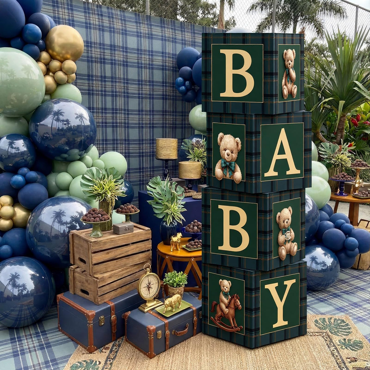 Sosation bear centerpieces with boxes and balloons create versatile decor.
