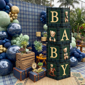 Sosation bear centerpieces with boxes and balloons create versatile decor.