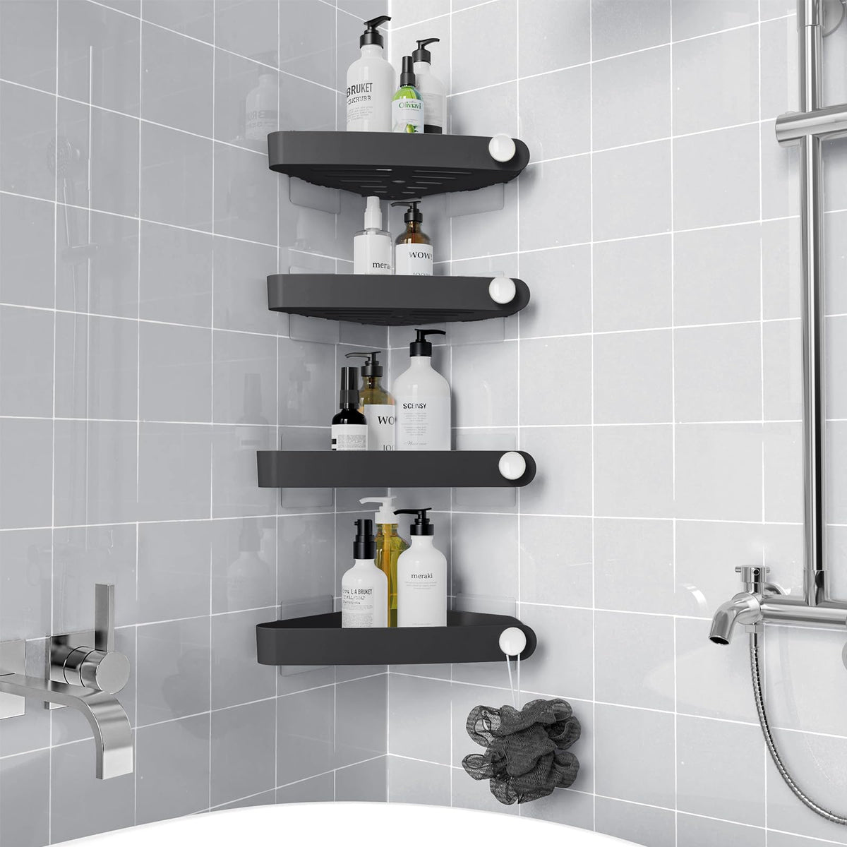 Sotfamily shower caddy in a 90-degree corner keeps toiletries organized and off the sink.