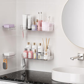 Sotfamily Shower Caddy shelves holding shampoo and body wash neatly.