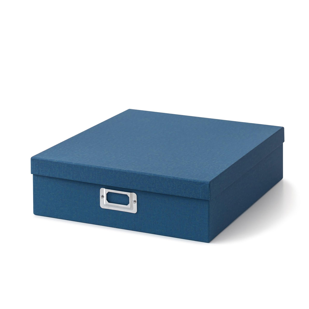 Soul & Lane blue photo storage box, front view for tidy keepsake organization