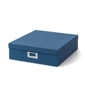 Soul & Lane blue photo storage box, front view for tidy keepsake organization