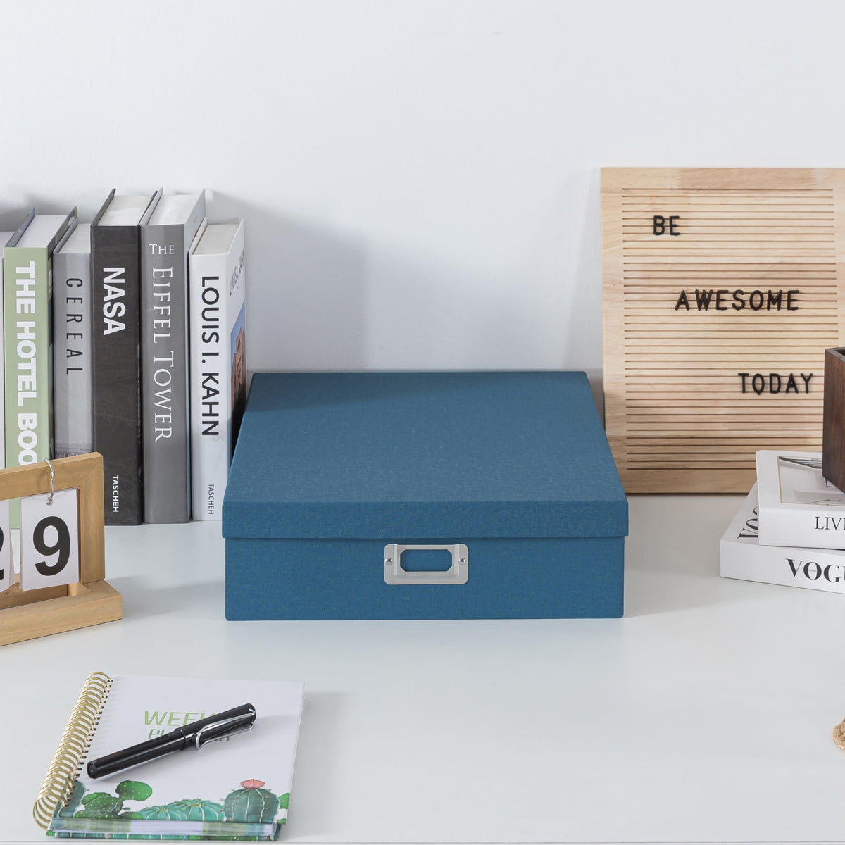Soul & Lane blue storage box with lid removed, easy scrapbook access