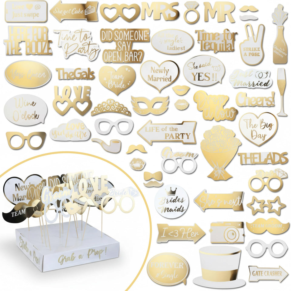 Soul Shift 60pc wedding photo booth props, ready to use for instant glam at your ceremony.