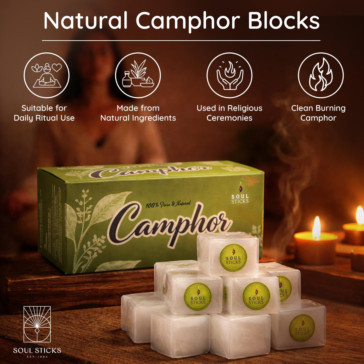 Soul Sticks camphor tablets in a 64-piece pack for puja rituals