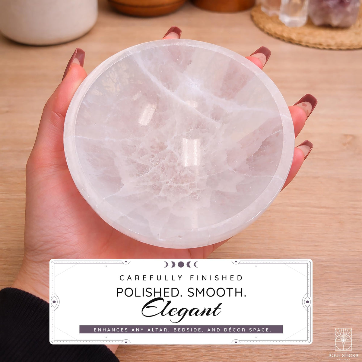 Soul Sticks selenite bowl from Morocco highlighting ethical sourcing