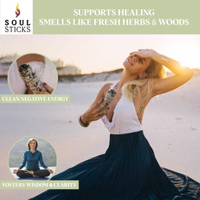 Soul Sticks 4-inch sage bundle in use, wafting soothing aroma during yoga