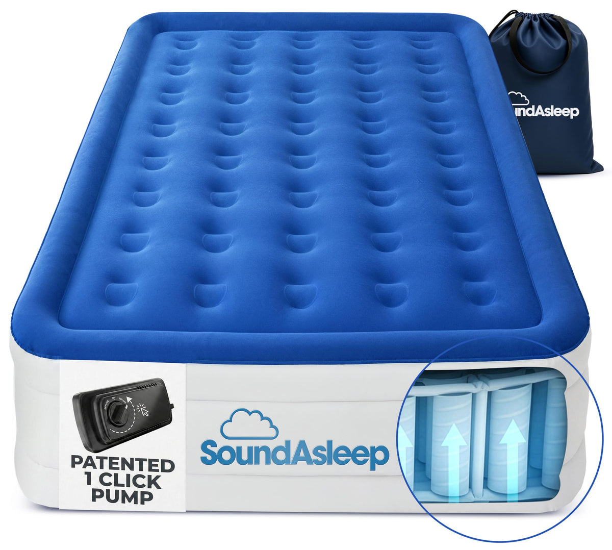 SoundAsleep Dream Series luxury air mattress, front view, built-in pump for quick setup.