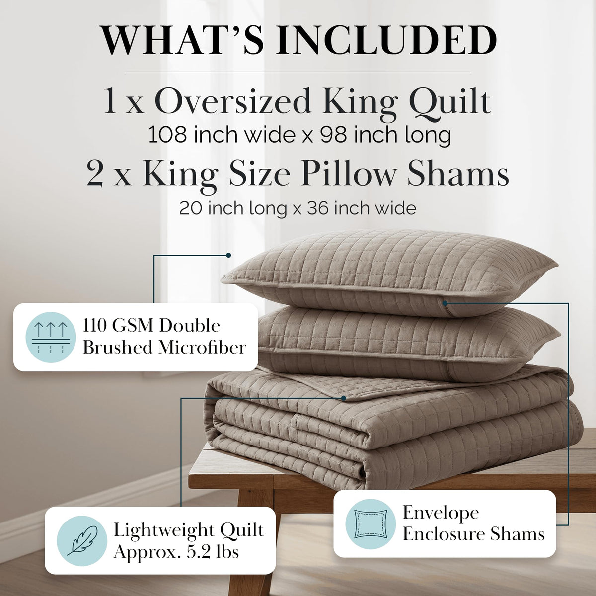 Southshore Fine Living king quilt with pillow shams in a tidy bedroom vignette.