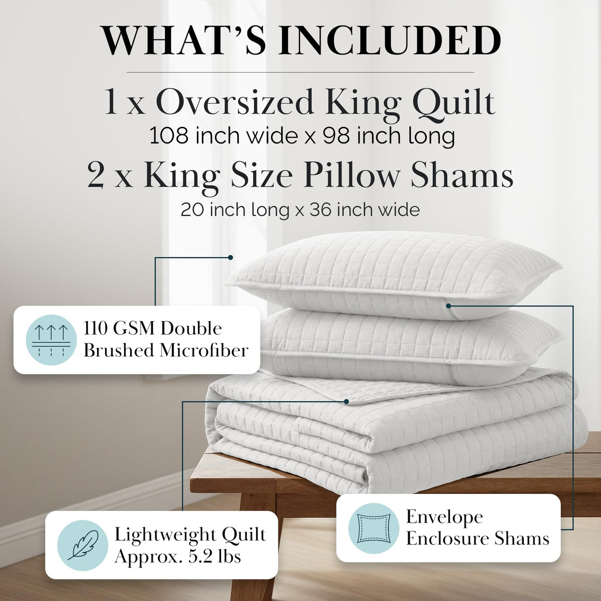 Southshore Fine Living king quilt shams arranged with white bedding for a polished look