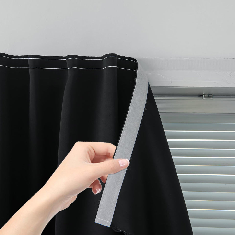 Sovtfides adhesive blackout curtains demonstrate easy, no-drill installation for renters.
