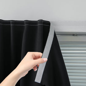 Sovtfides adhesive blackout curtains, bedroom-view, block light for restful sleep.