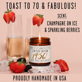Soy and Sass 1956 candle with champagne on ice label closeup for festive birthday ambiance.