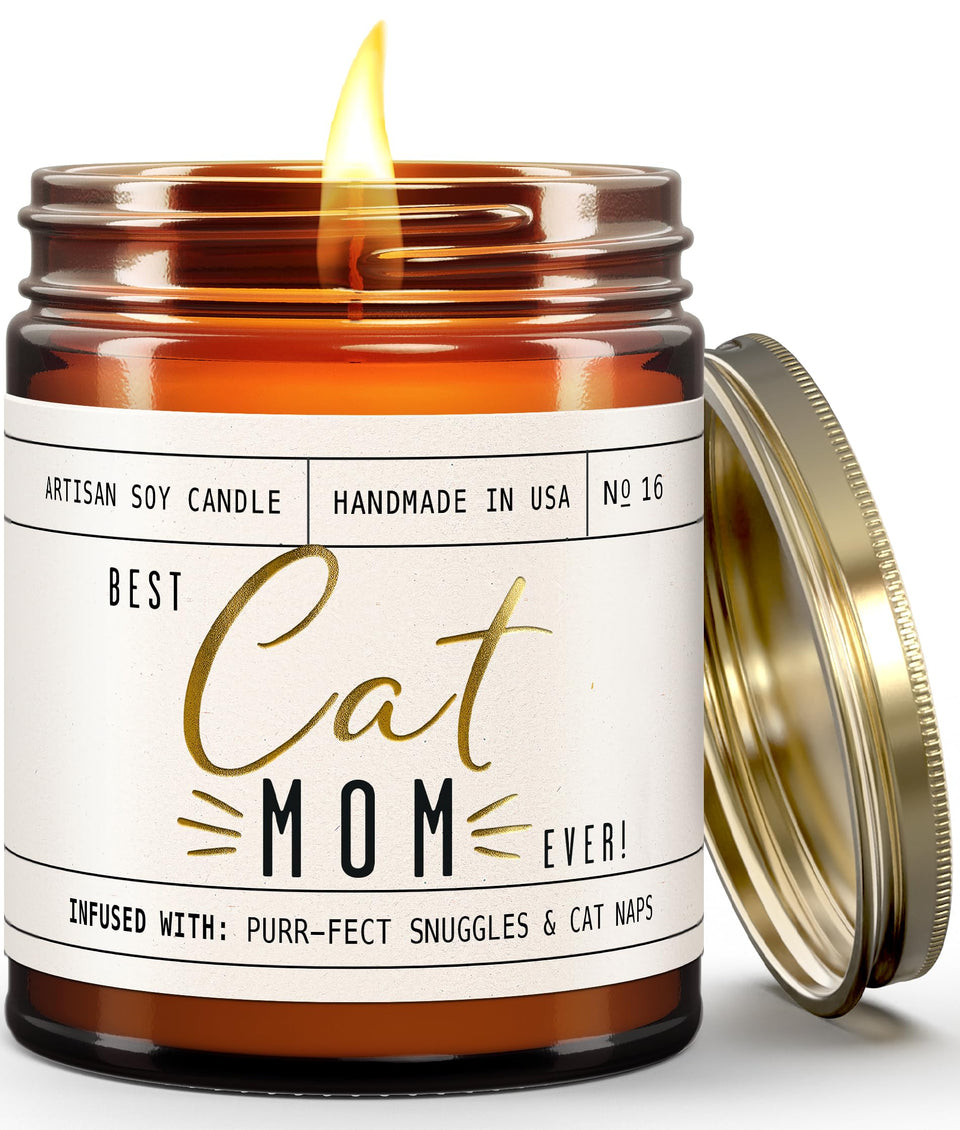 Soy and Sass Best Cat Mom Ever candle with vanilla scent for cozy evenings.